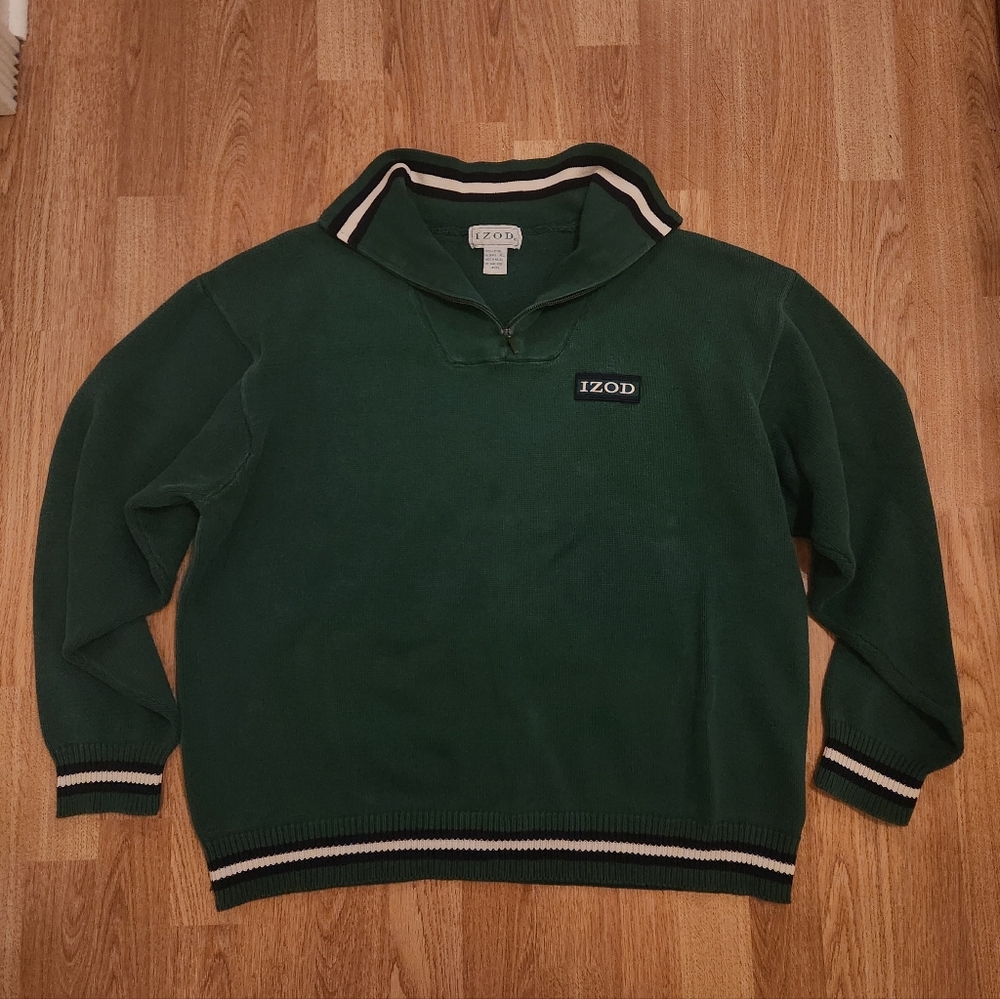 Vintage Izod Cotton Quarter Zip Pullover Knit Sweater Green XL